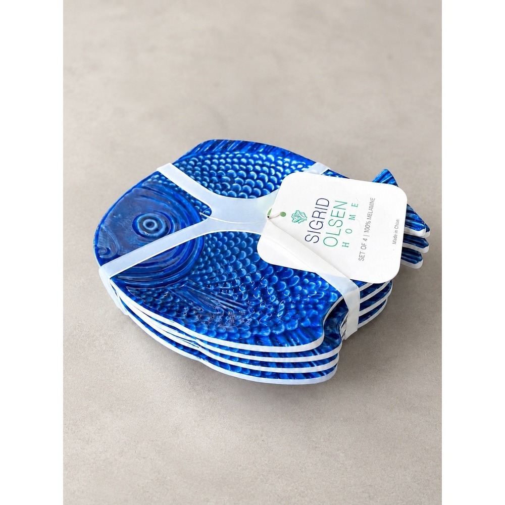 Sigrid Olsen Home Blue Fish Melamine Appetizer Plates Set of 4 Coastal Nautical